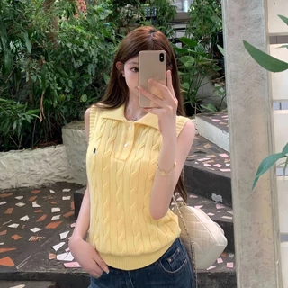 Elves พร้อม💟 เสื้อแฟชั่น ผ้าถัก เสื้อกล้ามไหมพรม คอปก สไตล์เกาหลี สีพาสเทลใส่ง่าย เสื้อกล้ามผู้หญิง"W-J074"