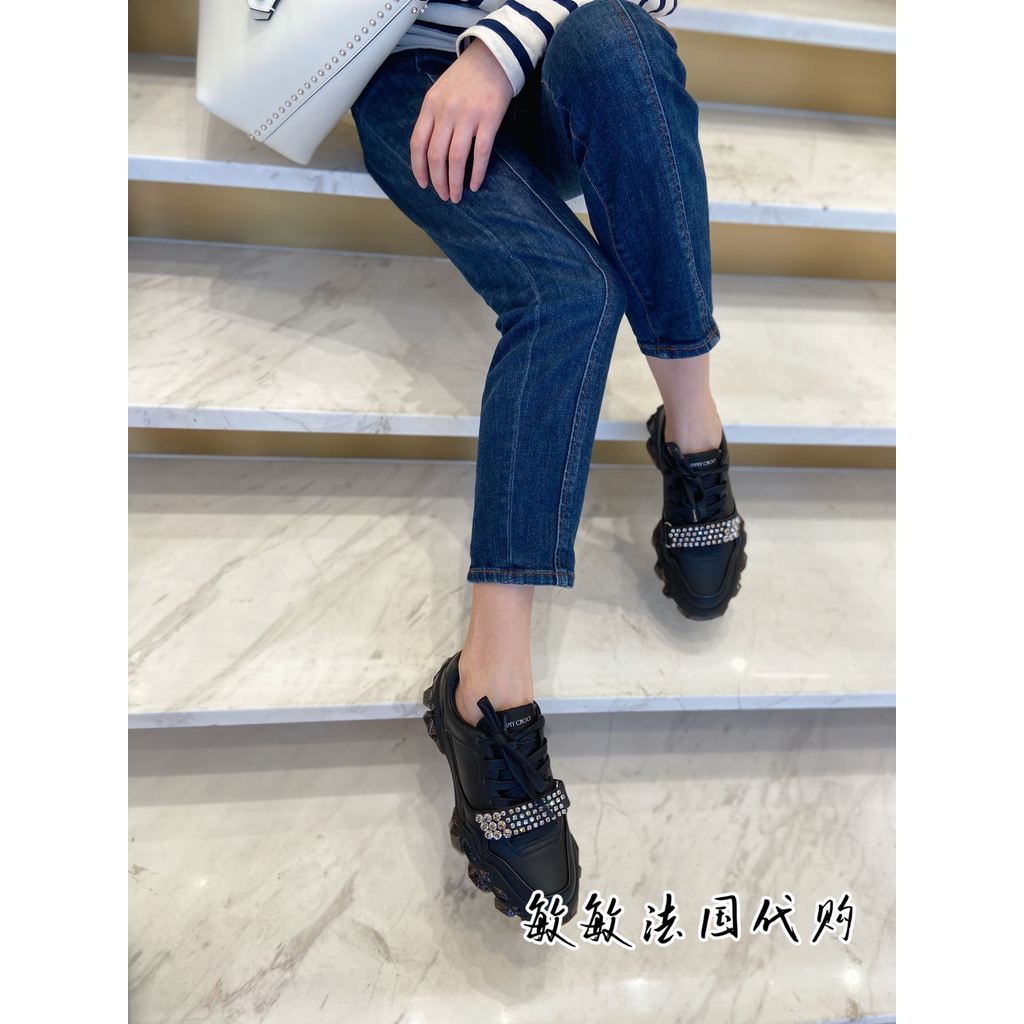 เคาน์เตอร์ฝรั่งเศส Jimmy Choo Zhou Yangjie รองเท้าผู้หญิง DIAMOND-Soled Cowhide หนาSoled เพิ่มความสู