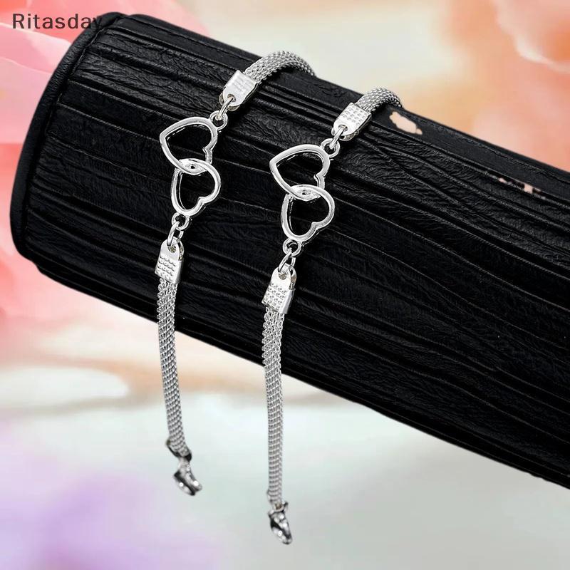 Ritasday 2 ชิ้นชุด Love Heart สร้อยข้อมือคู่สําหรับผู้หญิงผู้ชายสีเงิน Double Layer Matching Chain สร้อยข้อมือคนรักเครื่องประดับของขวัญใหม่