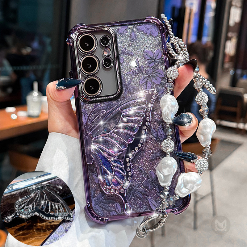 ปลอกสําหรับ Samsung Galaxy A56 A36 A26 A16 A06 A17 A07 A27 A37 A57 5G Glitter ผีเสื้อ Liquid Quicksand Bracket เคสโทรศัพท์พร้อมสายคล้องมุก
