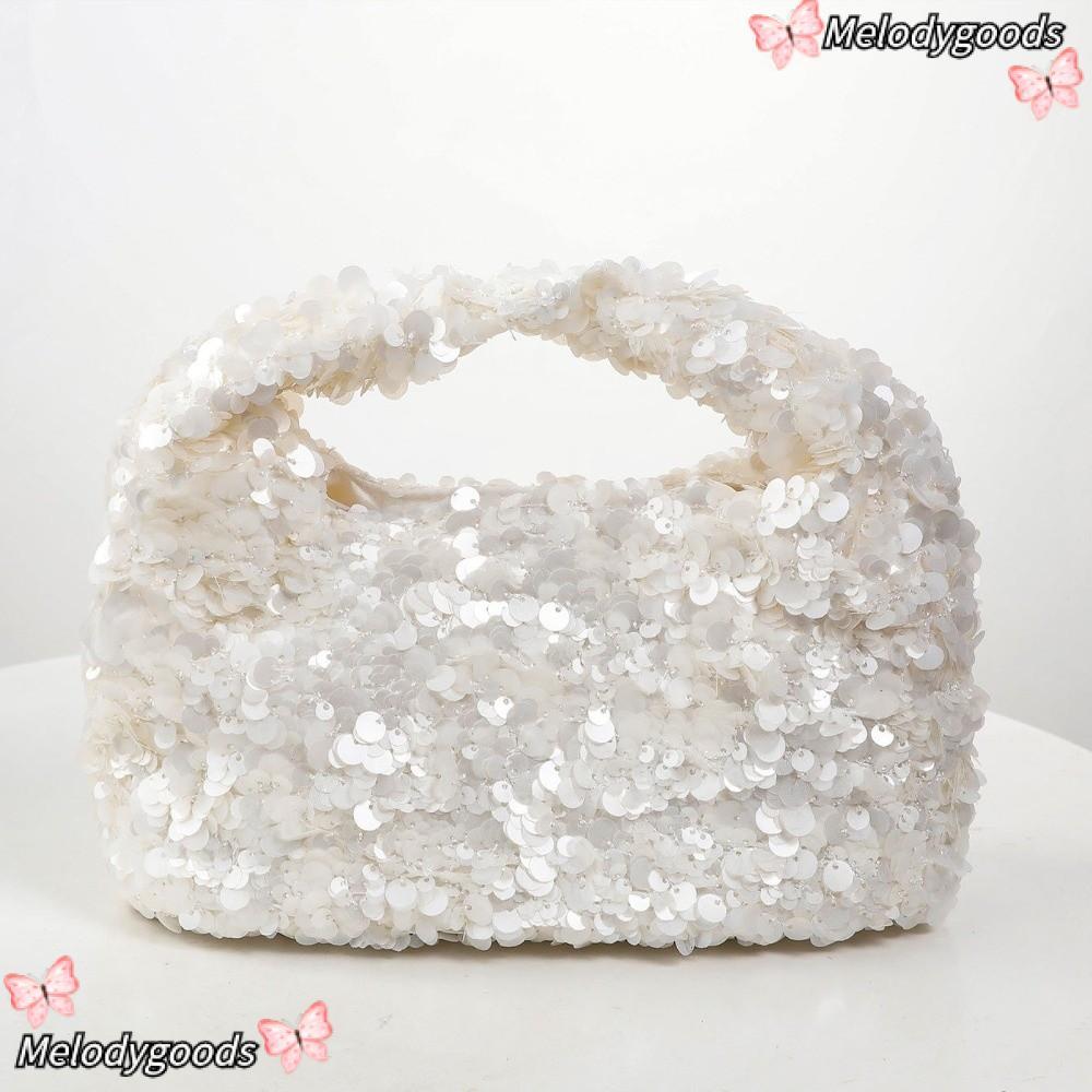 กระเป๋าถือ MELODG Hobo กระเป๋าทรงถังใบเล็กสีขาวกระเป๋าคลัทช์ตอนเย็นเลื่อมเงาประณีตผู้หญิง