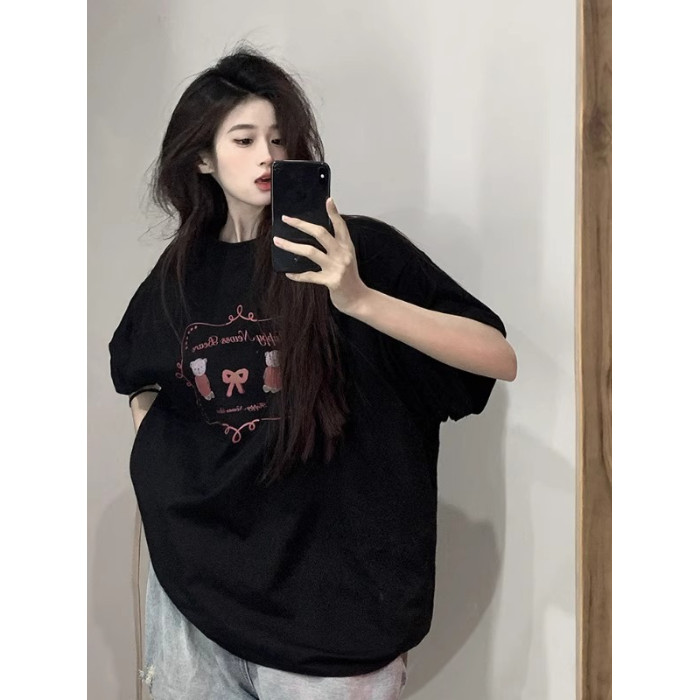 COD [เส้นด้ายคู่ 250g แน่น 220g] น่ารักสนุกหมีเสื้อยืดแขนสั้นผู้หญิงครึ่งแขนฤดูร้อนหลวมด้านบน 2026 Z