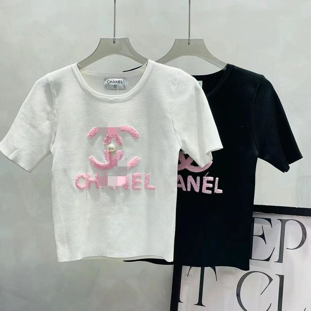 ชาแนล1177 ลูกปัดสามมิติรอบคอถักแขนสั้นด้านบนผู้หญิง