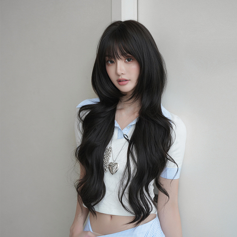 วิกผมหญิงทรงผมหยิกยาวคลื่นสีดำ พร้อมเส้นใยเคมีจำลองผมคุณภาพสูง