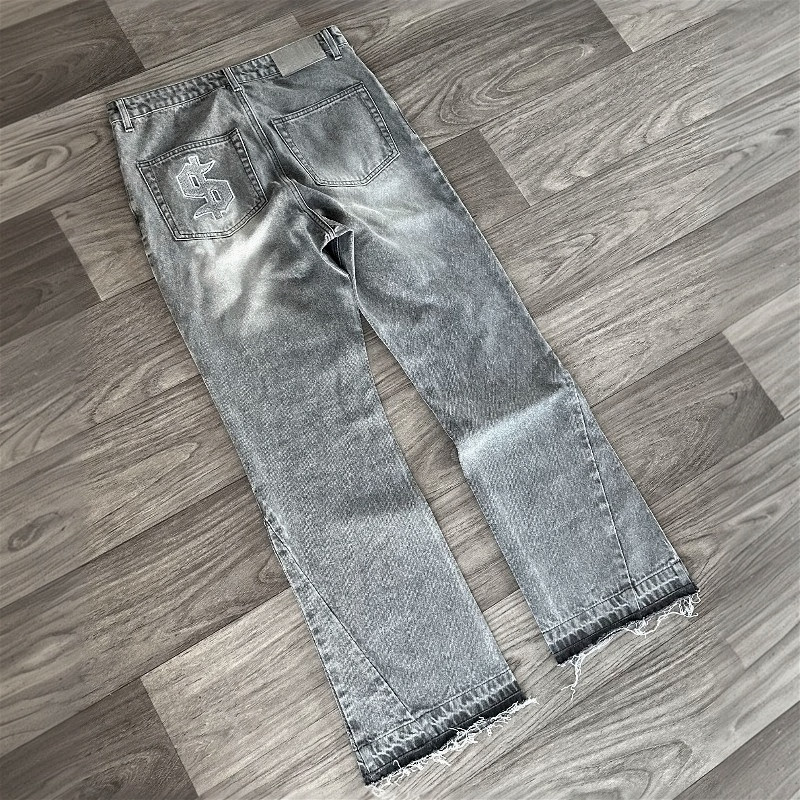 Y2K Retro Light สีรูปแบบดอลลาร์ปัก Patchwork กางเกงยีนส์ Street Hip-hop ชุดผู้ชายแฟชั่นกางเกงขาตรงหลวม