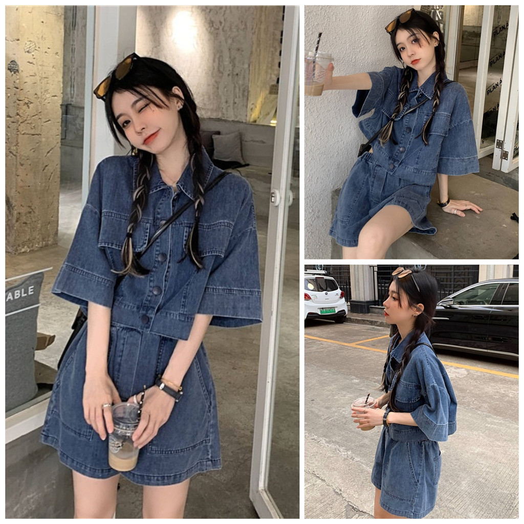 ชุดเดนิมผู้หญิง แขนสั้น ขนาดใหญ่ ประกอบด้วยเสื้อแจ็คเก็ตและกางเกงขาสั้น สไตล์ใหม่ GRL573