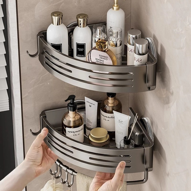 จัดส่งจากกรุงเทพ✨ อห้องน้ําสามเหลี่ยมชั้นวางถ้วยดูดเล็บติดตั้งฟรีวัสดุอลูมิเนียมห้องส้วมออแกไนเซอร์