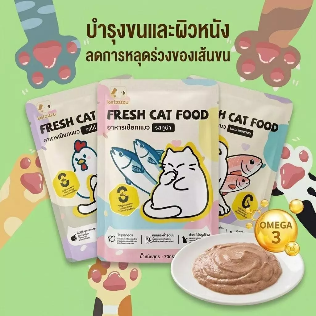【Ketzuzu】70G*12แพ็ค อาหารเปียกแมว บำรุงขนและผิวหนัง ไม่เติมเกลือ ไม่แต่งสีแต่งกลิ่น กินได้ทั้งแมวโตและลูกแมว