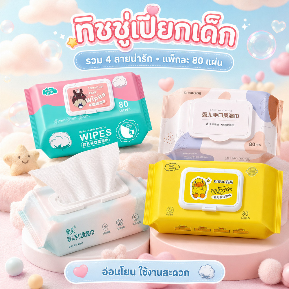 Hithome ทิชชู่เปียก 80 แผ่น ทิชชู่เปียกเด็ก สูตรอ่อนโยน ไร้แอลกอฮอล์ ผ้าเปียกเช็ดทำความสะอาด เช็ดมือเช็ดปากได้ ปลอดภัย