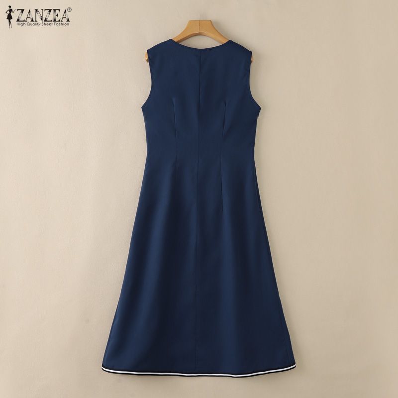 ZANZEA ผู้หญิงเกาหลี Elegant Lady V คอ Single-Breasted Contrast Edge Midi A-Line เดรสสายเดี่ยว — صورة 8