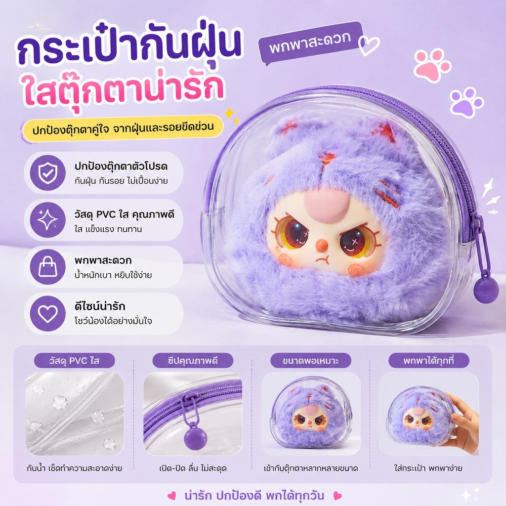 พร้อมส่ง จัดส่งไว กระเป๋าใสของเล่น PVC ใส กระเป๋าพกพาสำหรับตุ๊กตา น่ารัก
