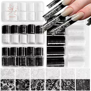 [maybeauty] 10 ม้วนลูกไม้ดอกไม้เล็บโอนฟอยล์สีขาวสีแดงเล็บ Stiers สําหรับเจลโปแลนด์ DIY Salon ชุดตกแต่งเล็บ {TH}