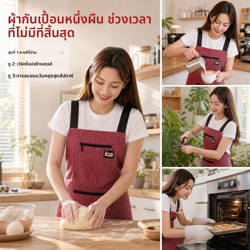 HOMELYST ผ้ากันเปื้อนเชฟยาว ลายสก๊อต ผ้าฝ้ายนุ่ม หลายกระเป๋า Anti-Fouling Breathable สำหรับครัวเรือนร้านกาแฟเบเกอรี่ ลด 50%