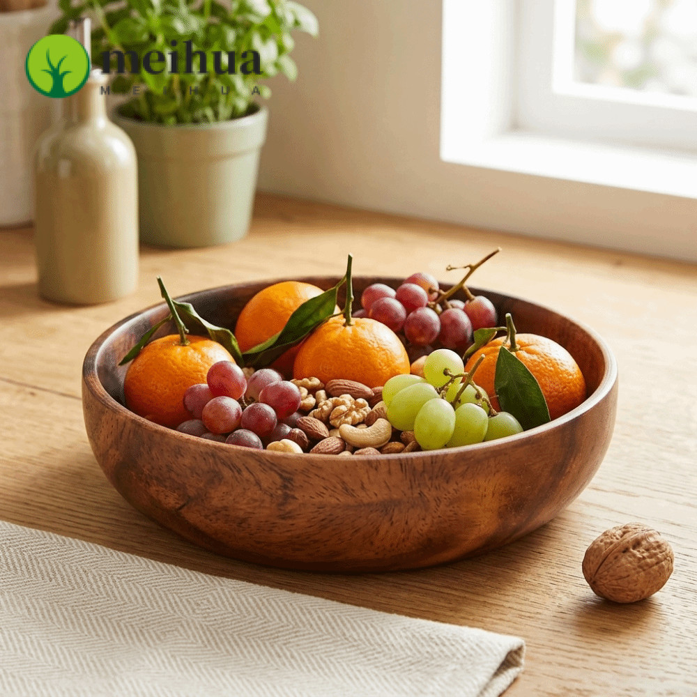 MEIHUA ชามสไตล์ญี่ปุ่น, ชามสลัดไม้ทรงกลม, ก้นแบนทําความสะอาดง่ายทนทาน Smooth Creative Tableware Salad Prep