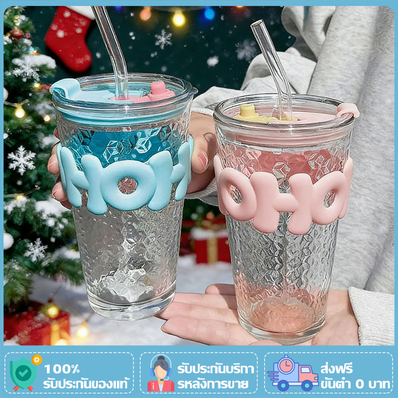 Christmas🎅แก้วกาแฟ เก็บความเย็น 450มล. แก้วน้ำมีฝาปิด ถ้วยแก้วบอโลซิลิเกตสูง พร้อมหลอดแก้ว สไตล์เกาหลี ถ้วยกาแฟ