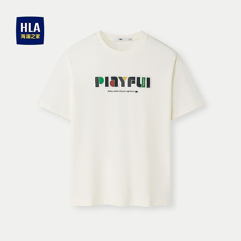 HLA/Hailan Home letter พิมพ์เสื้อยืดแขนสั้นรอบคอ breathable เข็มนุ่มแขนสั้นผู้ชาย