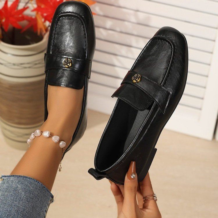 Rubber PU Sleeve Thick Heel Low-Top Shoes Round Toe Low Heel (เล็กกว่า 3 ซม.) รองเท้าโลฟเฟอร์