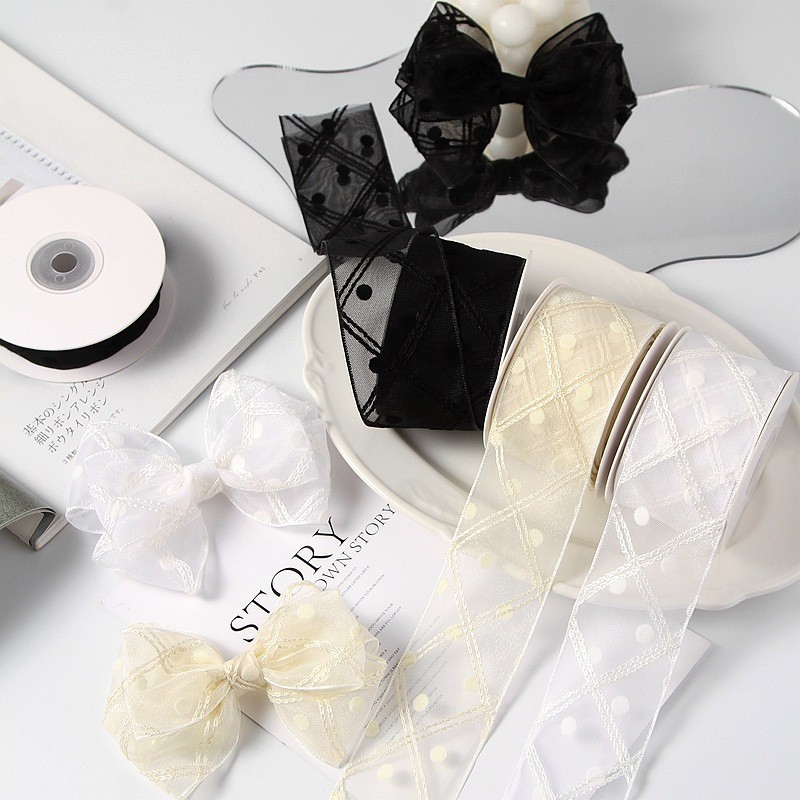 4.5ซม.Flocking Polka Dot Double Line Diamond Checkered Ribbon Double Layer Gauze Ribbon Home Clothes Accessories
