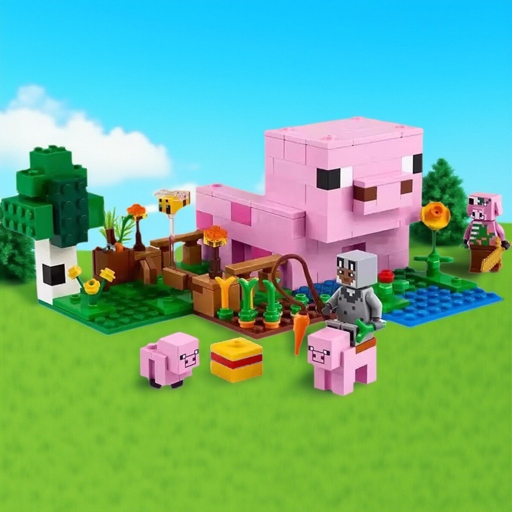 minecraft lego minecraft เหมาะสําหรับเลโก้บล็อกตัวต่อ Minecraft Pig Baby House and Garden 21268 Hous