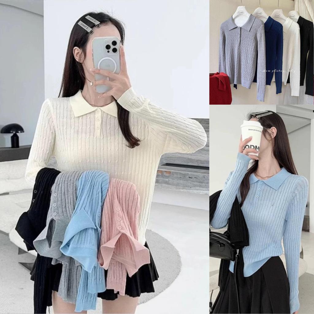 Chili Koko เสื้อถักคอโปโลแขนยาวทรงสลิมฟิตสำหรับผู้หญิง เสื้อสเวตเตอร์สไตล์เกาหลีเรียบง่าย 88044