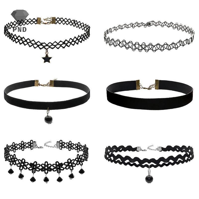 PND 6 ชิ้น * ผู้หญิงกํามะหยี่สีดําสร้อยคอสร้อยคอสาวลูกไม้ Choker Tattoo สร้อยคอจี้ raoog