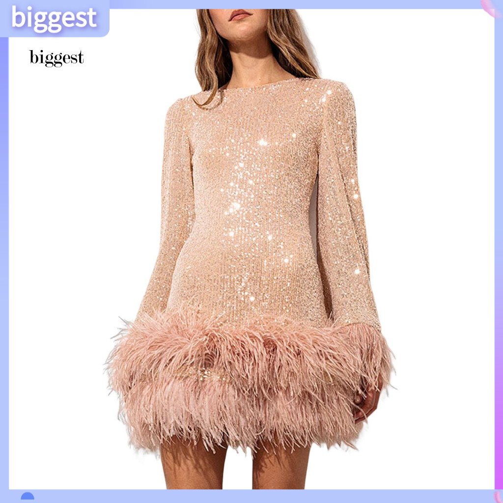 BGT ชุดพรหมชุดเลื่อม Sparkling Feather Hem ชุดราตรีสําหรับพรหมงานแต่งงาน Slim Fit Backless ออกแบบแขน