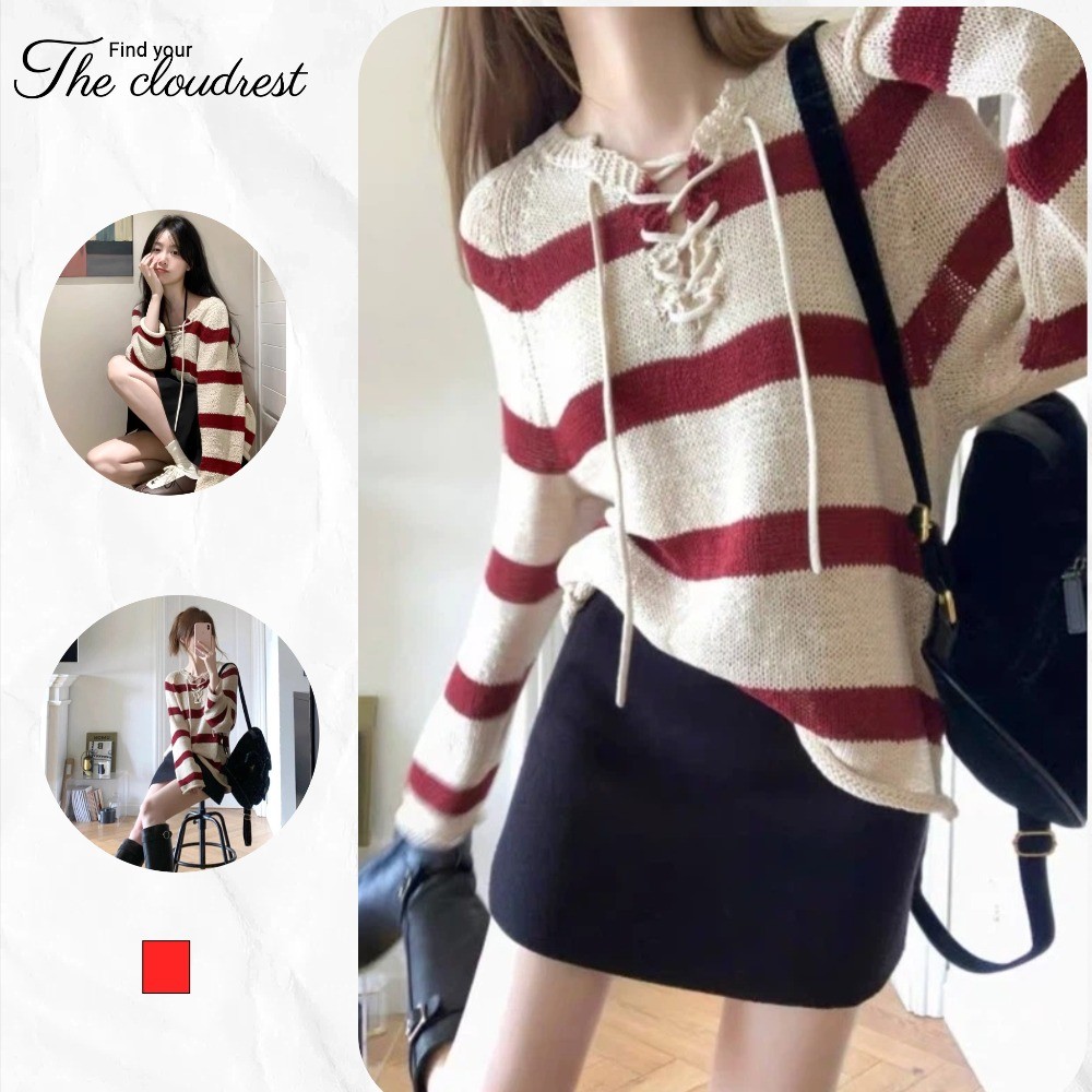 เสื้อกันหนาวแขนยาวสีคมชัดกลวงฤดูใบไม้ผลิและฤดูใบไม้ร่วงเสื้อยืดลายหลวมแฟชั่นใหม่