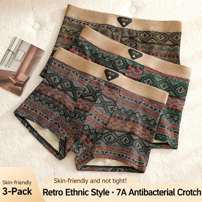 ชุดชั้นในผู้ชายแบบ retro สไตล์ชาติพันธุ์ กางเกง boxer ระบายอากาศได้ ไซส์ L-6XL, สำหรับคนหนักถึง 110 กก.