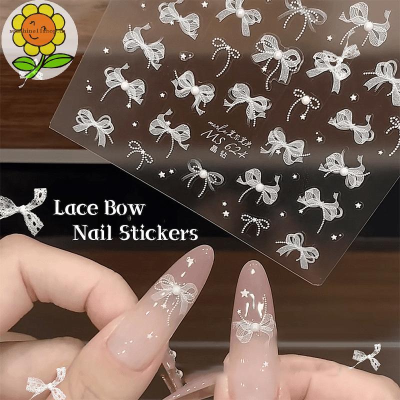 SUNSHOP 5D ลูกไม้สีขาวโบว์สติกเกอร์เล็บ Pearl Rhinestones ตกแต่งเล็บกาว Decals Slider DIY อุปกรณ์เสริม TH
