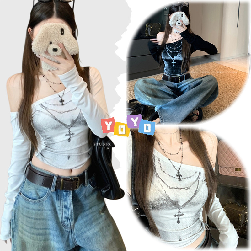 YOYO พร้อมส่ง🌈เปิดไหล่ เสื้อยืดผู้หญิงแขนยาว🌈ใส่ผอมทันใจ ใส่แล้วดูผอม สาวฮอต สวยเซ็กซี่ แฟชั่น น่ารักๆ ไปคาเฟ่