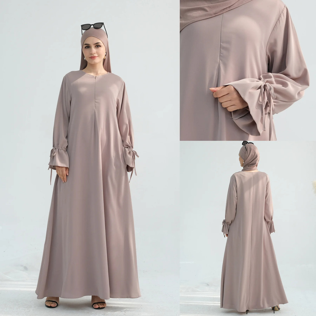 มุสลิมผู้หญิง Nida ผ้า Abaya A-lineเจียมตัวชุด V คอกระพือปีกแขน Lady Casual Ramadan Caftan