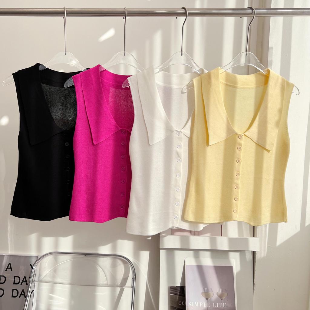 77UNI เสื้อแขนกุดคอปกใหญ่ผ่ากระดุมสีล้วนผ้าไหมพรมยืด Tank 31076 V-neck sweater vest เสื้อกั๊ก เสื้อกล้ามผู้หญิง