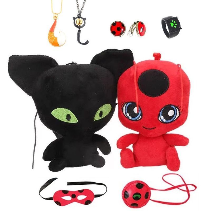Ladybug Queen Black Cat Plush ตุ๊กตา Ladybug Miracle Ladybug สาวต่างหูสร้อยคอ Ladybug ตุ๊กตาของเล่น 