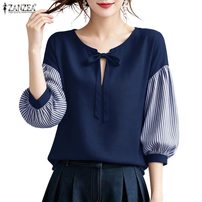 ZANZEA ผู้หญิงเกาหลี Elegant Feminine Officewear V คอโคมไฟแขน Tie-Up Bows Stripe Patchwork เสื้อ