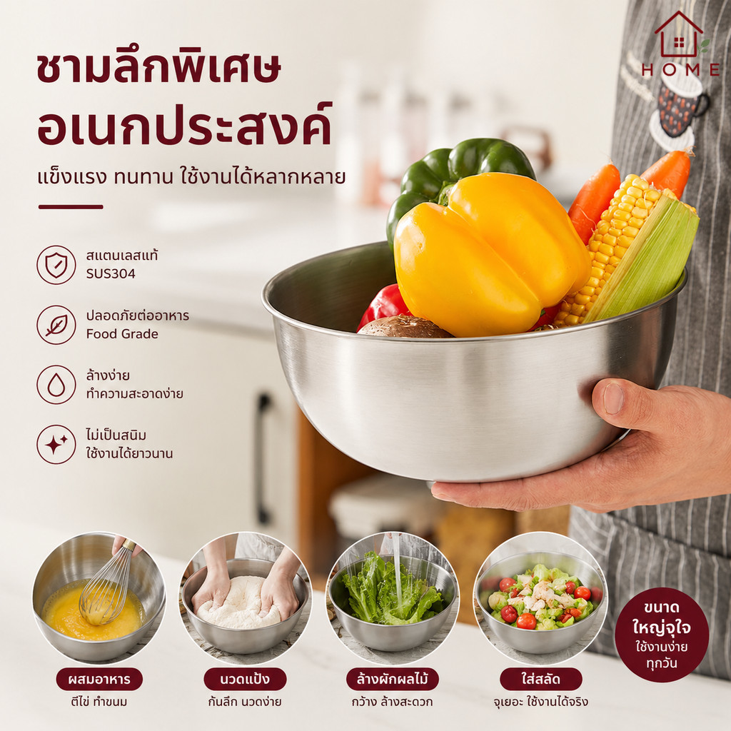 Home007 ชามผสมสแตนเลส 304 เกรดอาหาร ขอบลึก ไม่กระเด็น มี 3 ขนาด ชามผสมแป้ง ชามสลัด โถผสมอาหาร Mixing Bowl