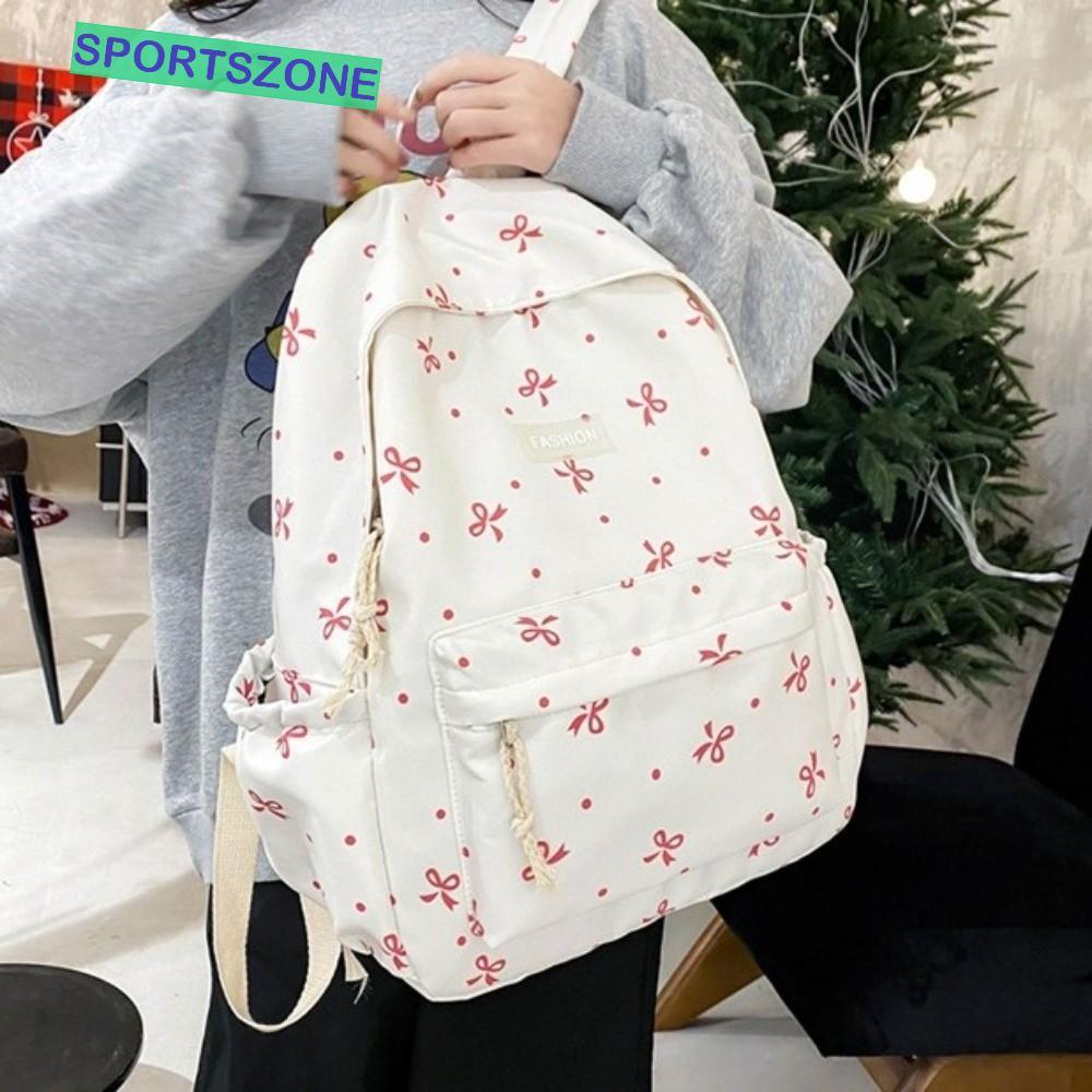 SPORTSZONE กระเป๋าเป้พิมพ์ลายโบว์, วัสดุไนลอน Quilted Design กระเป๋านักเรียนความจุขนาดใหญ่, น่ารักหลายกระเป๋าสายรัดปรับได้ Harajuku College Backpack Travel
