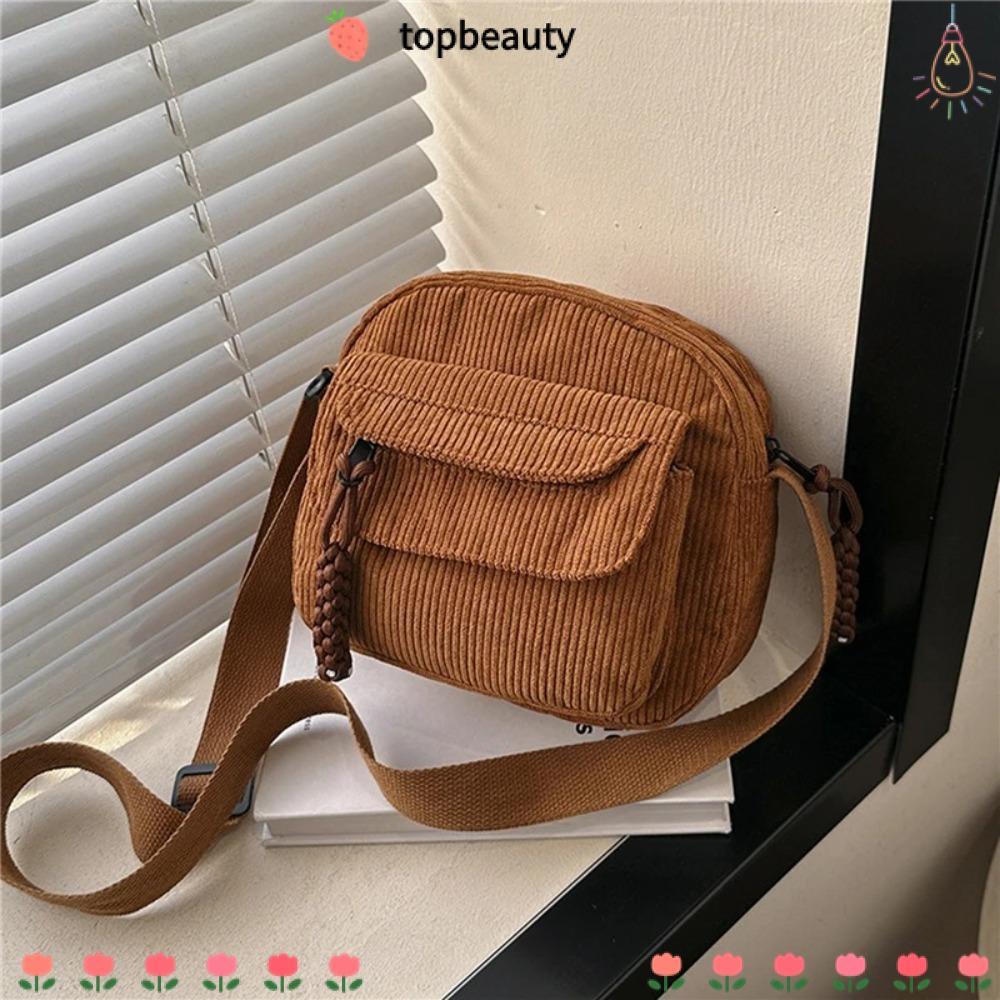 TOPBEAUTY กระเป๋าสะพายใบเล็ก,กระเป๋าสะพายข้างมีซิปผ้าลูกฟูก,กระเป๋าถือ Tote สีทึบกันน้ําแบบลําลอง