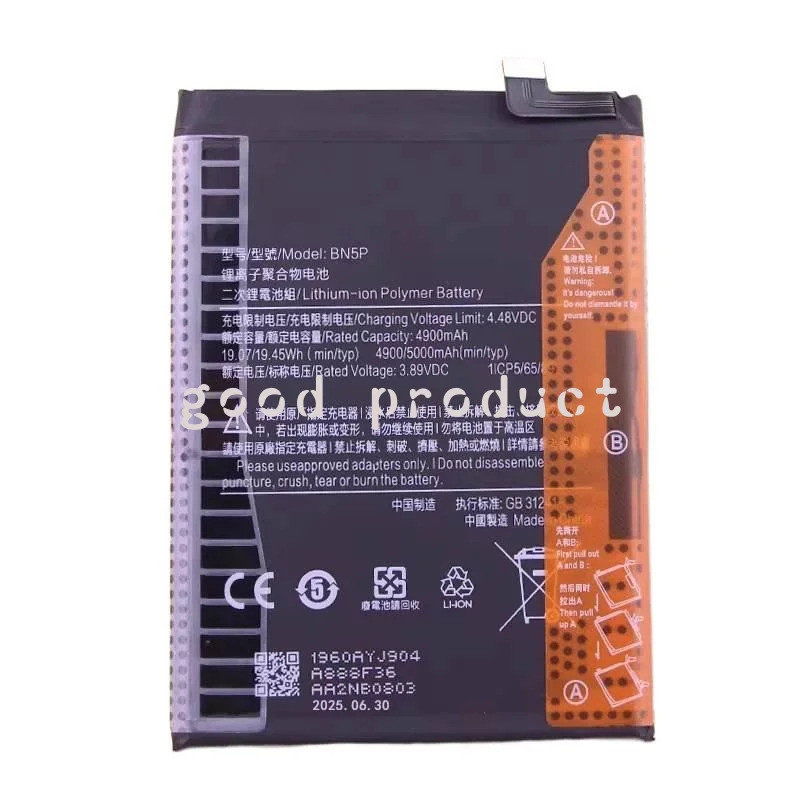 5000mAh BN5P แบตเตอรี่ใหม่คุณภาพสูงสําหรับ Xiaomi Redmi หมายเหตุ 13 5G, 2312DRABC, 2312DRAABG โทรศัพ