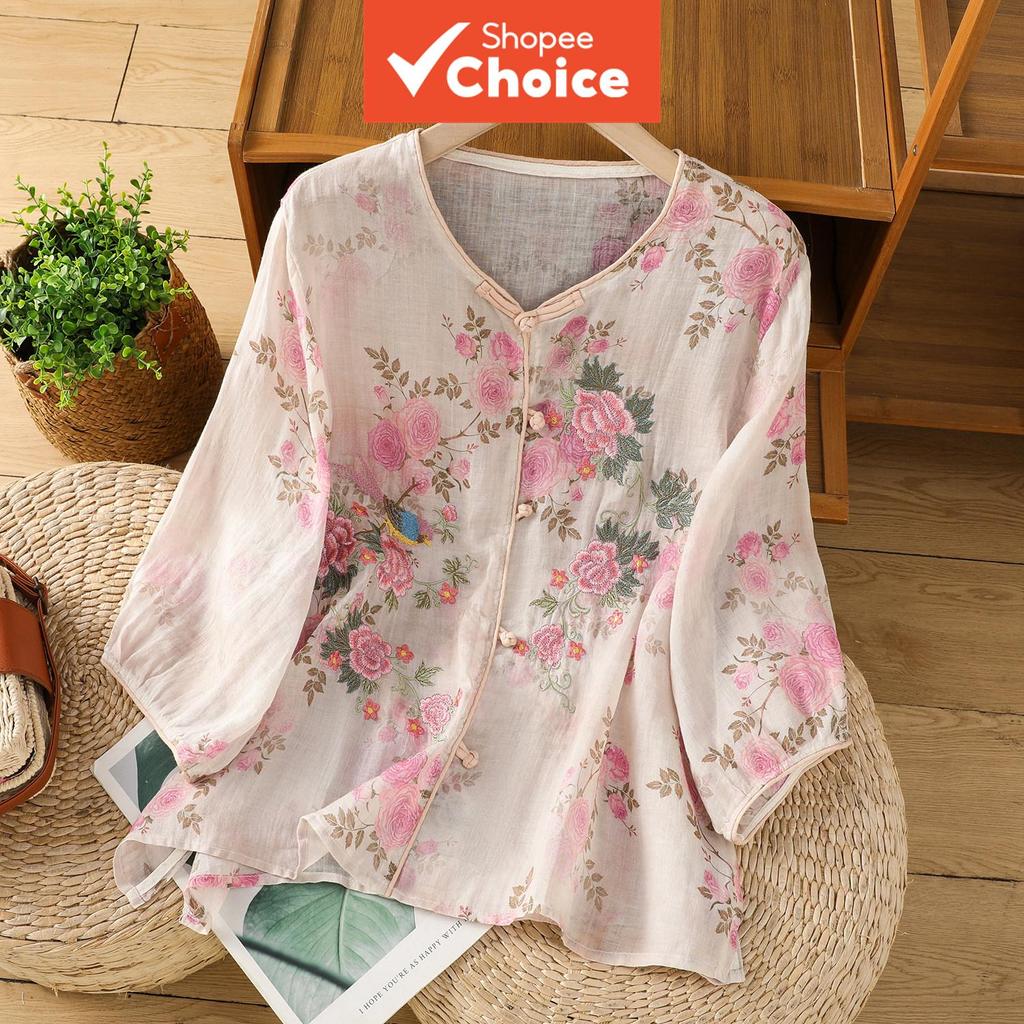 เสื้อเชิ้ตผู้หญิงผ้าลินินลายดอก ใส่ได้ทั้งทางการและลําลอง ทรงหลวมพลัสไซส์ สีฟ้า ปักลาย แขนสั้น