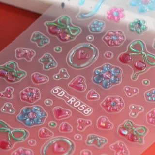 HAMA 5D Coquette สติกเกอร์เล็บน่ารัก Jelly Ribbon Star ตัวอักษรหมี Kawaii สไตล์เกาหลี Aurora 3D บรรเทา Self-Adhesive เล็บ Decals