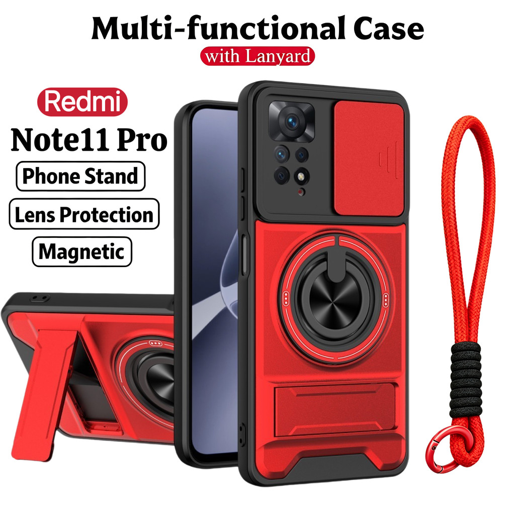 เคสโทรศัพท์มัลติฟังก์ชั่นหรูหราเหมาะสําหรับ Redmi Note 11 Pro Plus 12 13 14 15 4G 5G Lanyard 360°ขาตั้งแหวนพร้อมปลอกกล้องแม่เหล็กติดรถยนต์กันกระแทกฝาครอบป้องกัน