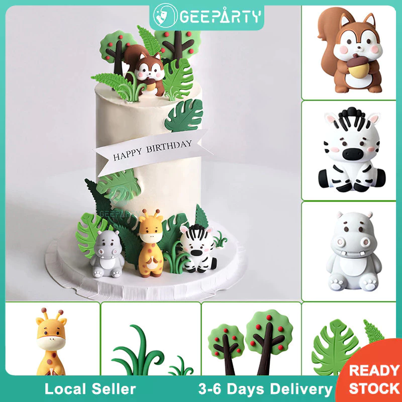 GeeParty ที่ประดับเค้กธีมซาฟารีป่า พร้อมยีราฟ ฮิปโป ม้าลาย และกระรอก สำหรับตกแต่งเค้กวันเกิดธีม Wild One
