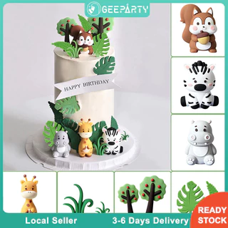 GeeParty ที่ประดับเค้กธีมซาฟารีป่า พร้อมยีราฟ ฮิปโป ม้าลาย และกระรอก สำหรับตกแต่งเค้กวันเกิดธีม Wild One