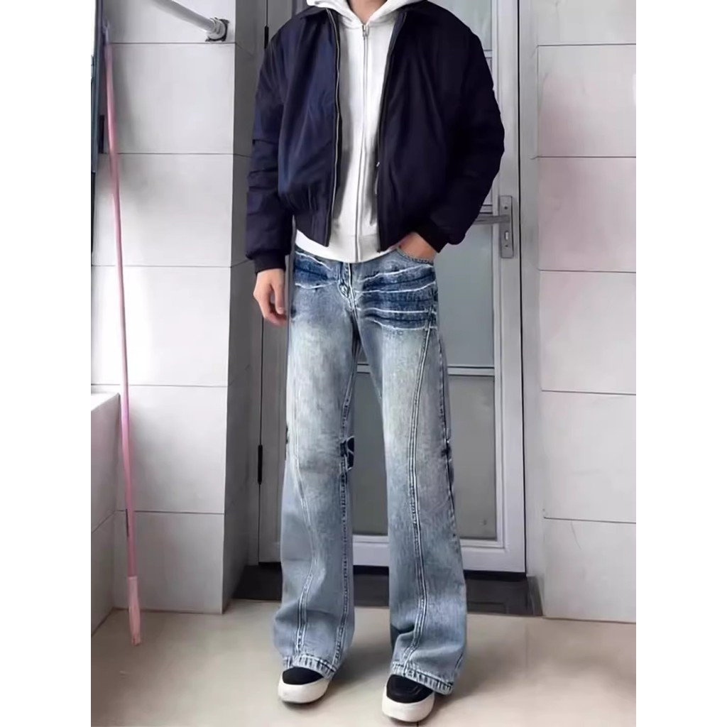 American Retro Cracks Distressed cleanfit Washed Street กางเกงยีนส์ Street Wear High Street Design ก