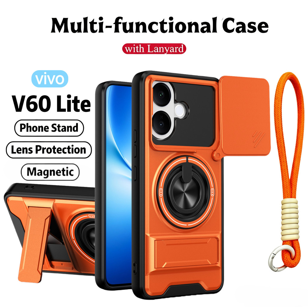 เหมาะสําหรับ Vivo V60 Lite V50 V30 V29 V70 FE 4G 5G 360 ขาตั้งแหวนเคสโทรศัพท์ Lanyard พร้อมปลอกกล้องแม่เหล็กติดรถยนต์กันกระแทกฝาครอบป้องกันเต็ม