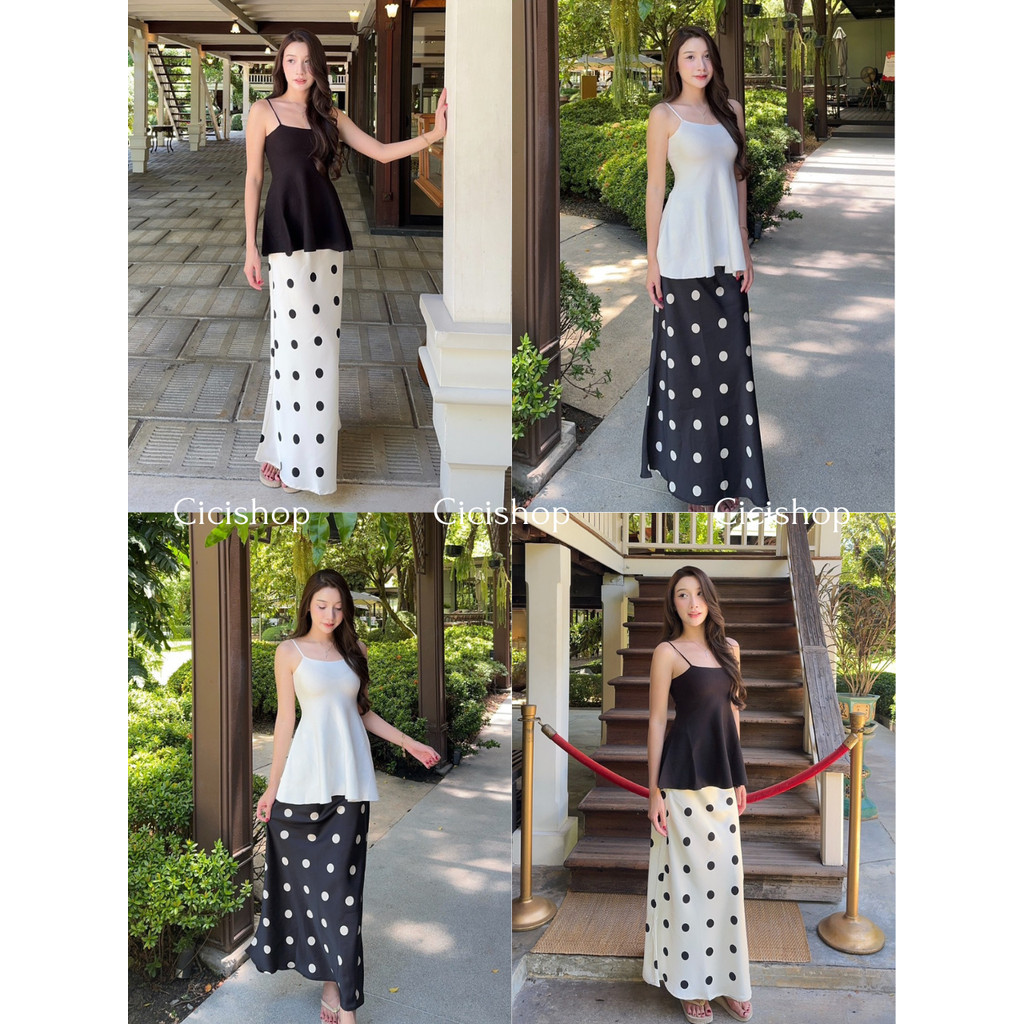 Cicishop(6033)กระโปรงยาวผ้าพริ้ว ดีเทลลายจุด ใส่วันสบายๆสไตล์เกาหลี