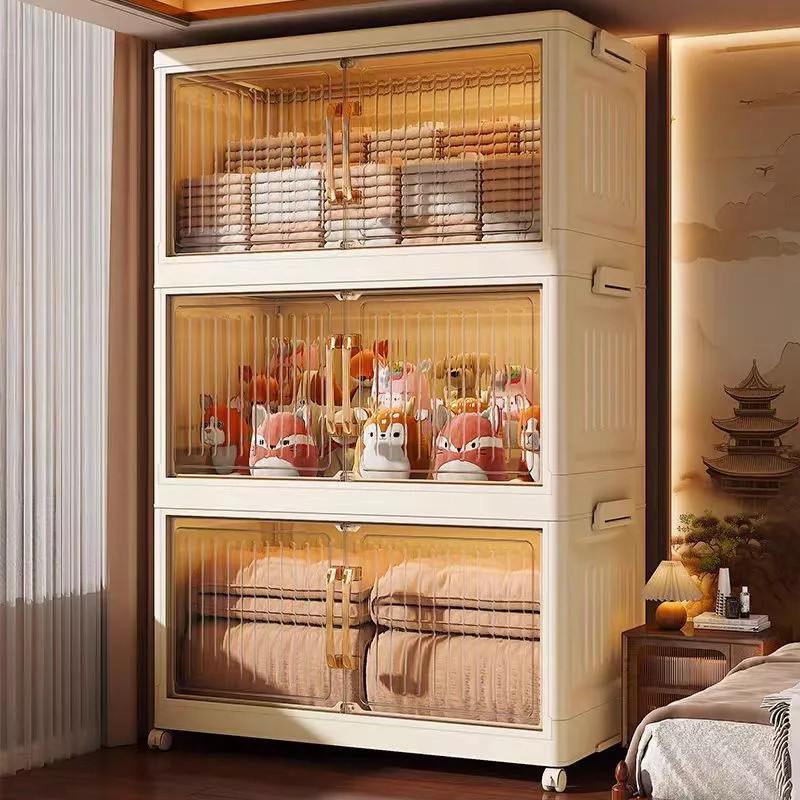 ตู้พลาสติก ตู้เก็บของ มีล้อ พับได้ 80cm (ขาว/ใส) ประหยัดพื้นที่ กันความชื้น วัสดุ pp ทันสมัยและเรียบง่าย