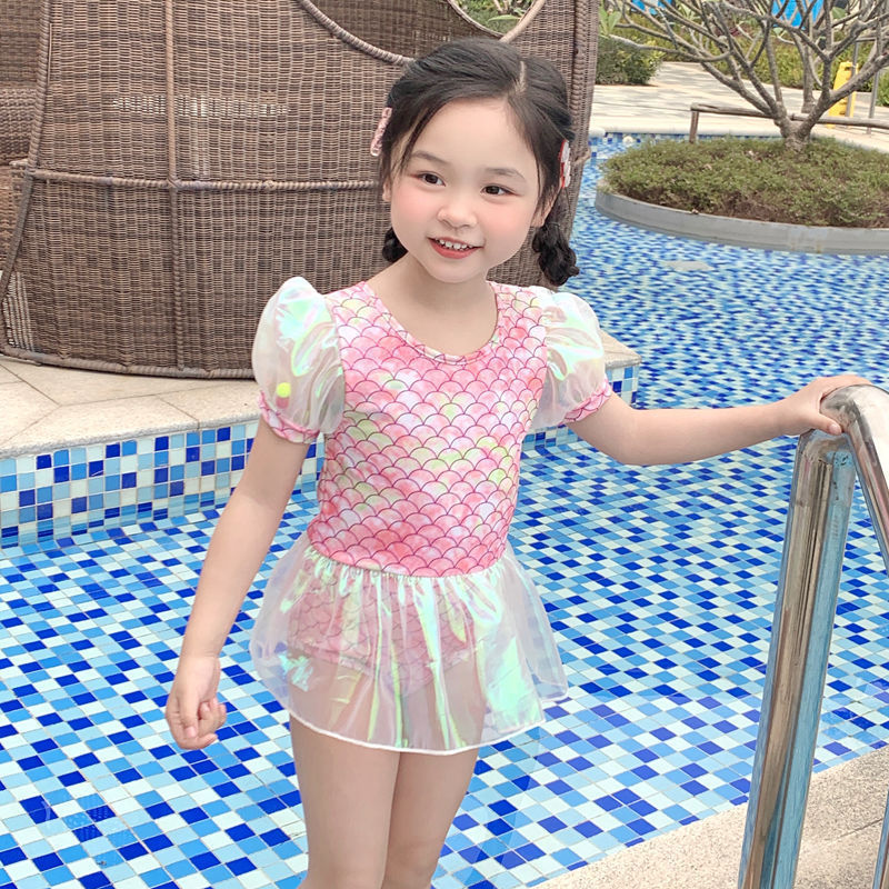 chishop ชุดว่ายน้ำเด็กผู้หญิง วันพีซ พร้อมหมวก ลายนางเงือก มีหลายขนาดให้เลือก