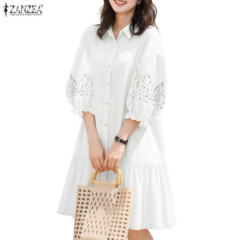 ZANZEA กระโปรงเชิ๊ตสำหรับผู้หญิงสไตล์เกาหลี อ่อนโยน สบายๆ มีคอปิด แขนยาวถึงศอก และขอบเสื้อที่มีลายระย้าละเอียด