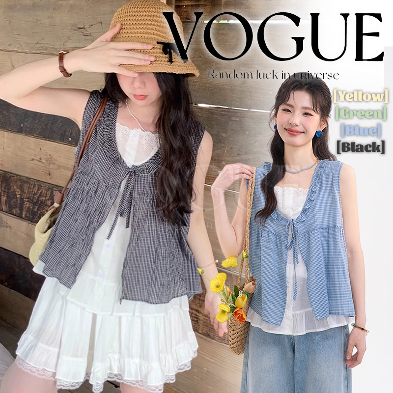 Vogue🌟พร้อมส่ง🌟 เสื้อกล้าม2ชั้น ลายตารางสีพาสเทลยืดพอดีตัว (FY5079)
